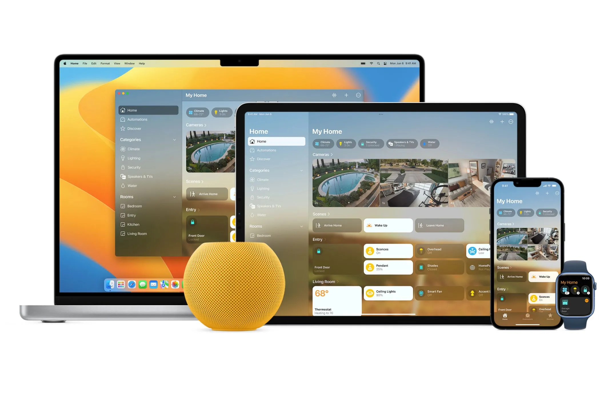 Ứng dụng Apple Home hiển thị trên nhiều thiết bị Apple khác nhau, minh họa khả năng điều khiển nhà thông minh.