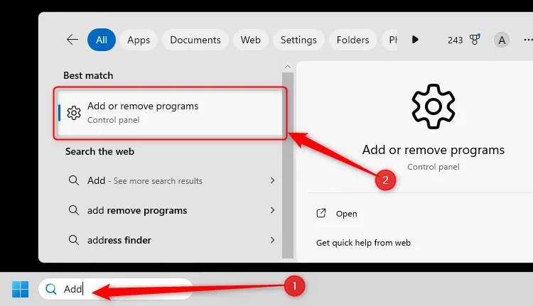 `Add` được nhập vào trường tìm kiếm thanh tác vụ Windows 11 và `Add Or Remove Programs` được chọn trong kết quả