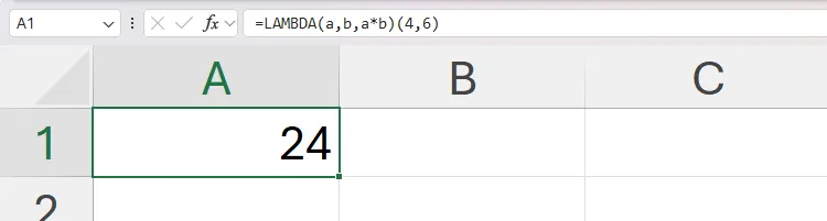 An Excel sheet displaying the result of a simple LAMBDA test, with the LAMBDA formula displayed in the formula bar.