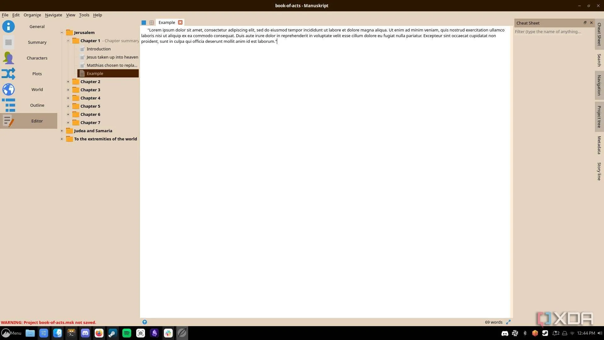 Ảnh chụp màn hình ứng dụng Manuskript hiển thị cấu trúc dự án và tài liệu mẫu trên Linux