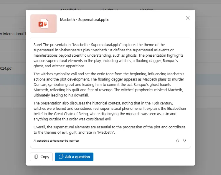 Bản tóm tắt do Copilot tạo ra từ một bài thuyết trình PowerPoint về chủ đề siêu nhiên trong Macbeth, thể hiện khả năng tóm tắt văn bản của AI trong OneDrive.