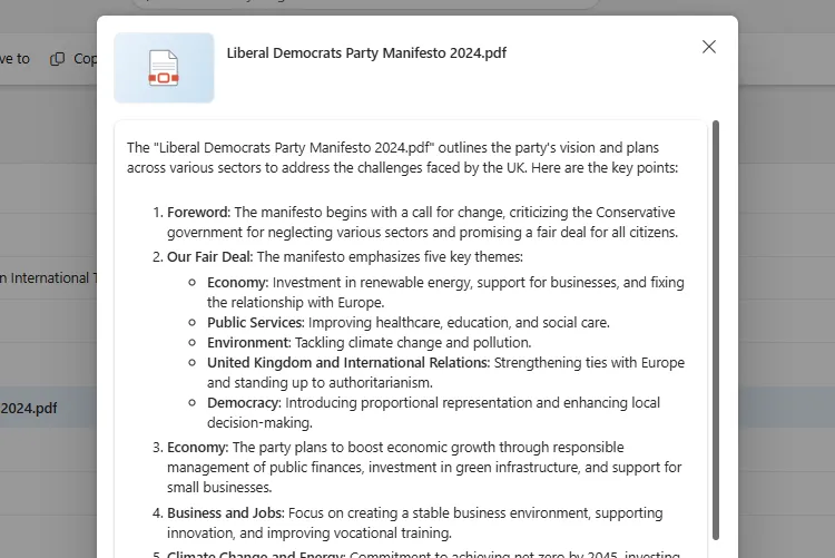 Bản tóm tắt manifesto của Đảng Dân chủ Tự do (Liberal Democrats) dưới dạng PDF do Copilot tạo, có các tiêu đề phụ rõ ràng về các chính sách.