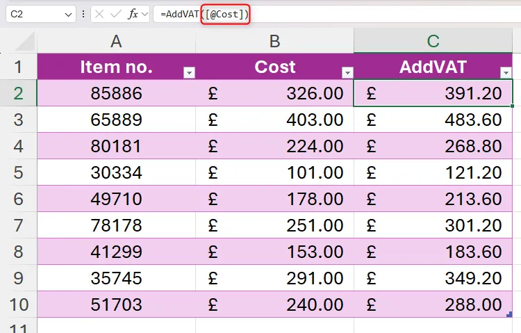 Bảng Excel sử dụng hàm AddVAT với tham chiếu cấu trúc