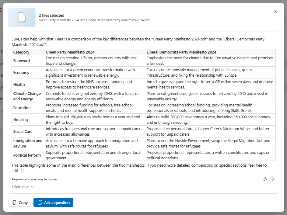 Bảng so sánh hai bản tuyên ngôn của các đảng chính trị do Copilot trong OneDrive tạo ra, làm nổi bật điểm tương đồng và khác biệt.