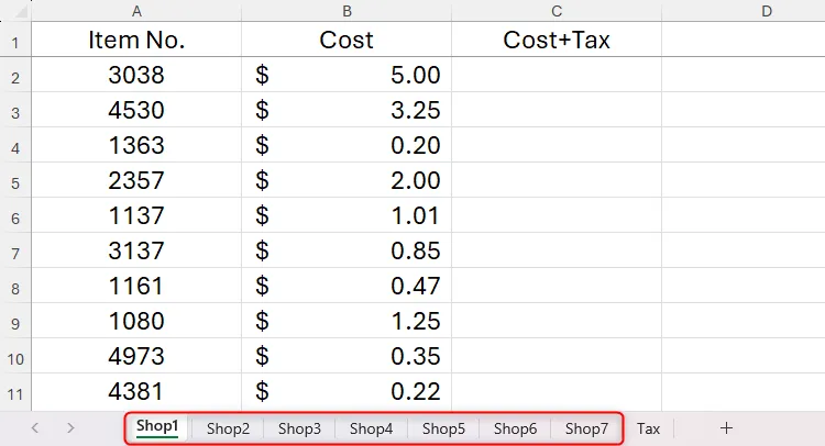 Bảng tính Microsoft Excel với nhiều trang tính (worksheet) cho dữ liệu sản phẩm của các cửa hàng khác nhau