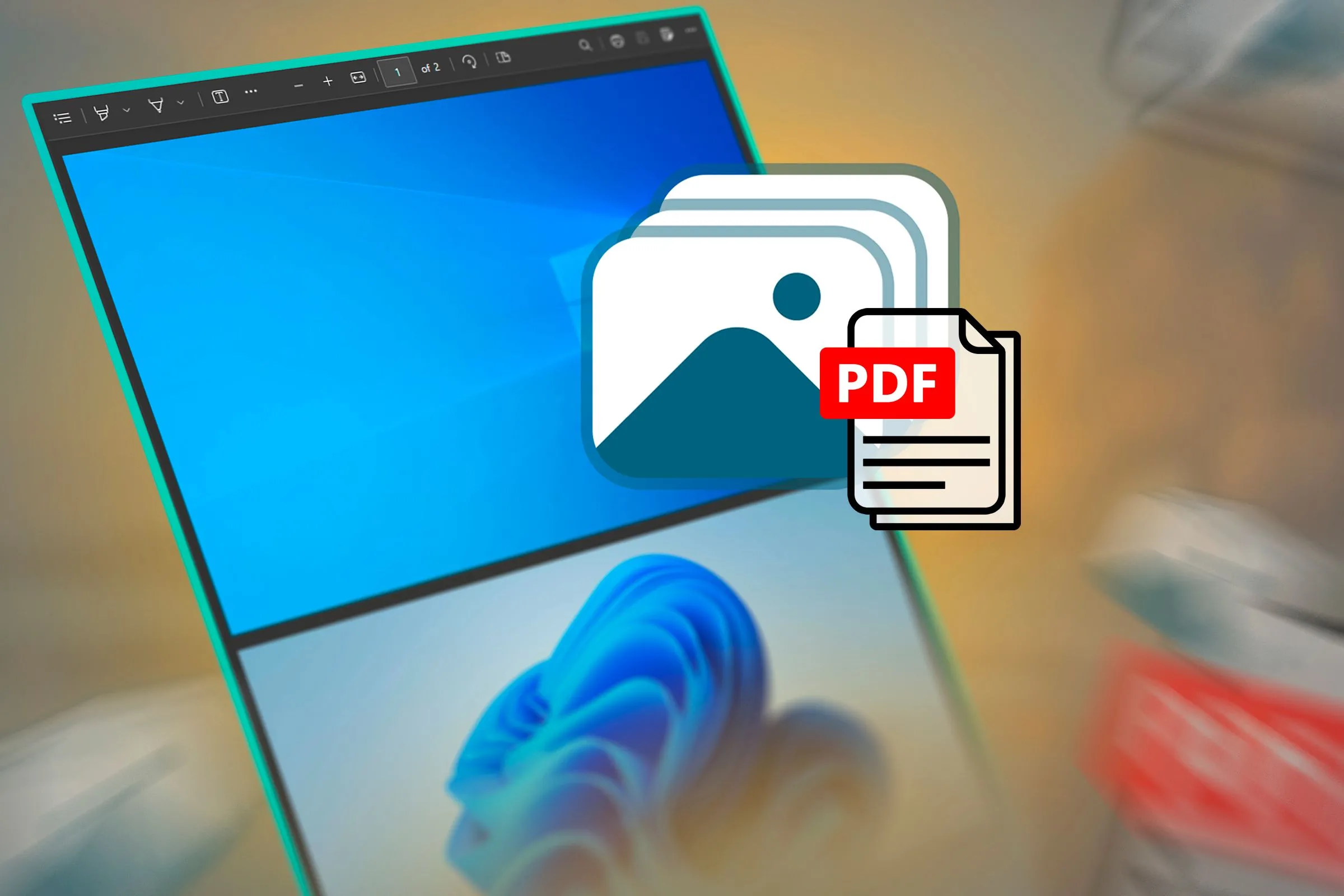 Biểu tượng file PDF kết hợp với hình nền Windows 10 và 11, minh họa khả năng bảo mật tài liệu PDF