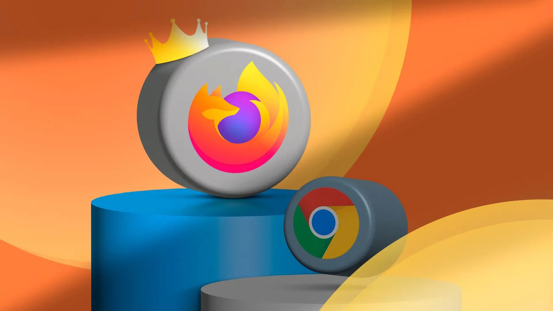 Biểu tượng Firefox và Chrome trên bục, với Firefox đội vương miện, tượng trưng cho sự lựa chọn trình duyệt trên Chromebook.