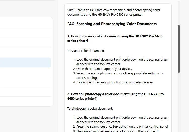 Bộ FAQ tùy chỉnh do Copilot tạo ra từ hướng dẫn máy in, giải thích cách photocopy và scan tài liệu màu, ví dụ về FAQ chuyên biệt.