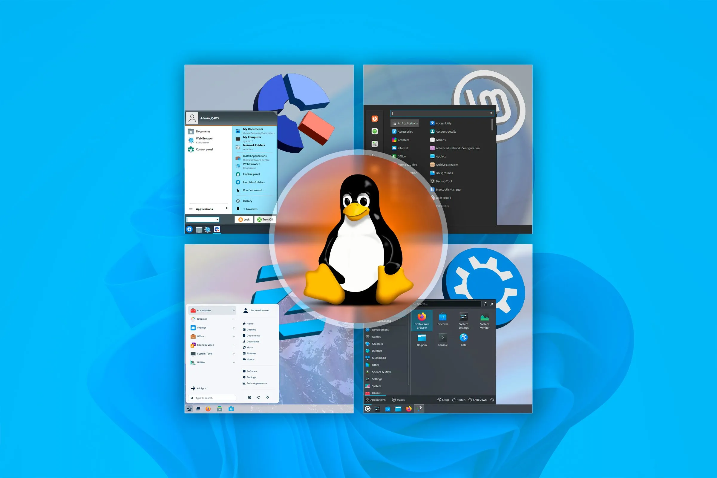 Bốn bản phân phối Linux với linh vật Tux ở trung tâm và hình nền Windows 11, minh họa giao diện giống Windows của Zorin OS