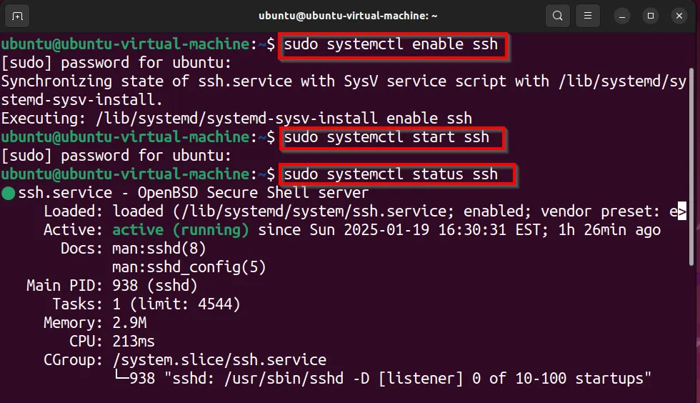 Các lệnh terminal để kích hoạt, khởi động và kiểm tra trạng thái dịch vụ SSH trên Ubuntu, cần thiết cho SFTP