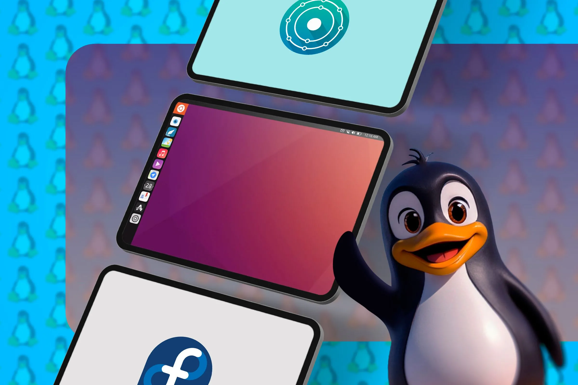 Các máy tính bảng chạy Linux với linh vật Tux vẫy tay, tượng trưng cho sự đa dạng môi trường desktop và ứng dụng có thể tùy chọn trong RebornOS.