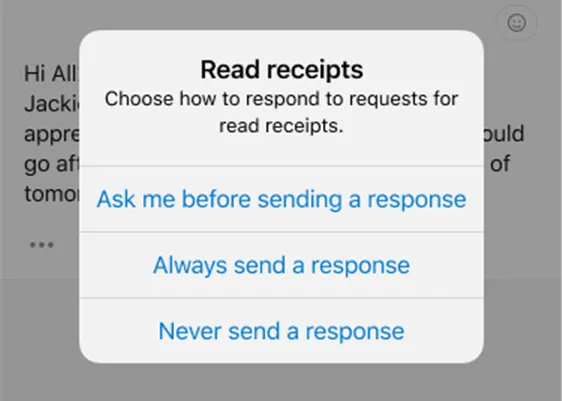 Cài đặt tùy chỉnh phản hồi Biên nhận Đã Đọc trong phần Mail của ứng dụng Outlook di động.