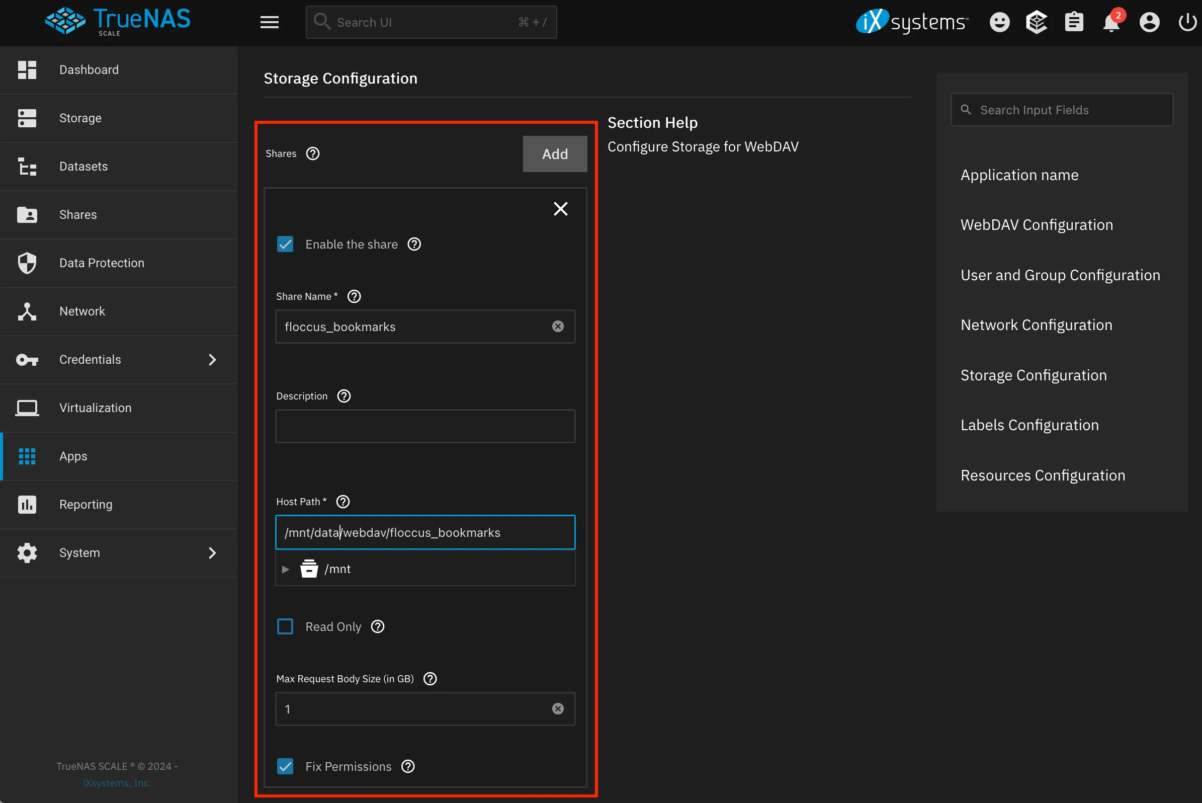 Cấu hình chia sẻ dữ liệu WebDAV trên TrueNAS, nơi Floccus sẽ lưu trữ dữ liệu đồng bộ bookmark và lịch sử duyệt web.