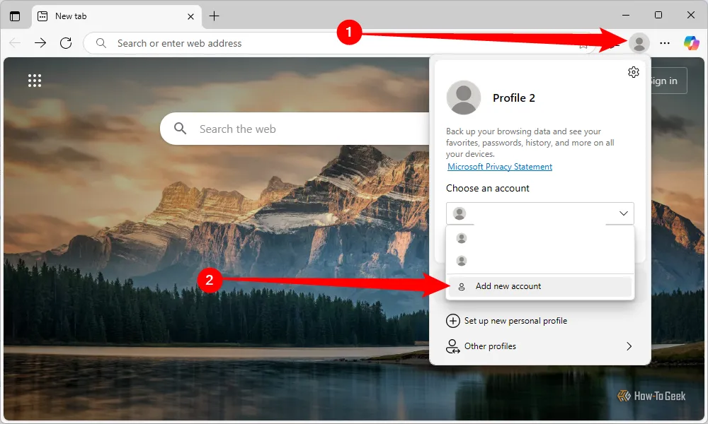 Chọn biểu tượng hồ sơ người dùng trong Microsoft Edge để thêm tài khoản hoặc quản lý các tài khoản đã đăng nhập