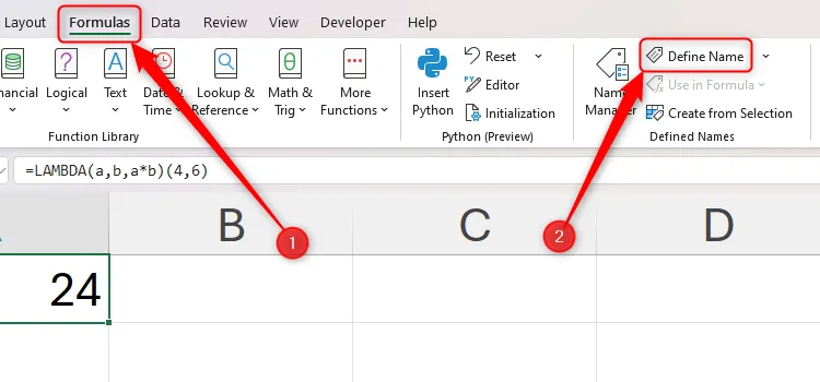 Chọn Define Name để đặt tên cho hàm LAMBDA trong Excel