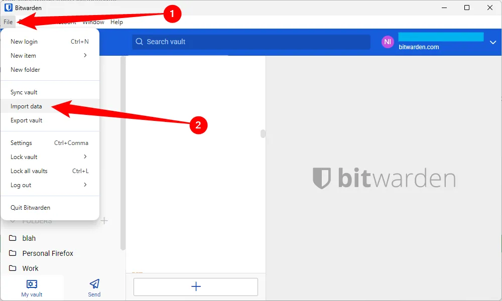 Chọn 'File' và sau đó 'Import Data' trong ứng dụng Bitwarden trên máy tính để bắt đầu quá trình nhập mật khẩu