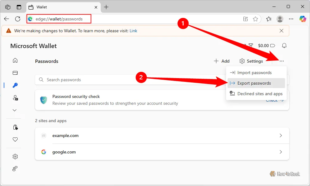 Chọn menu ba chấm trong trình quản lý mật khẩu của Microsoft Edge và bấm 'Export passwords' để xuất dữ liệu