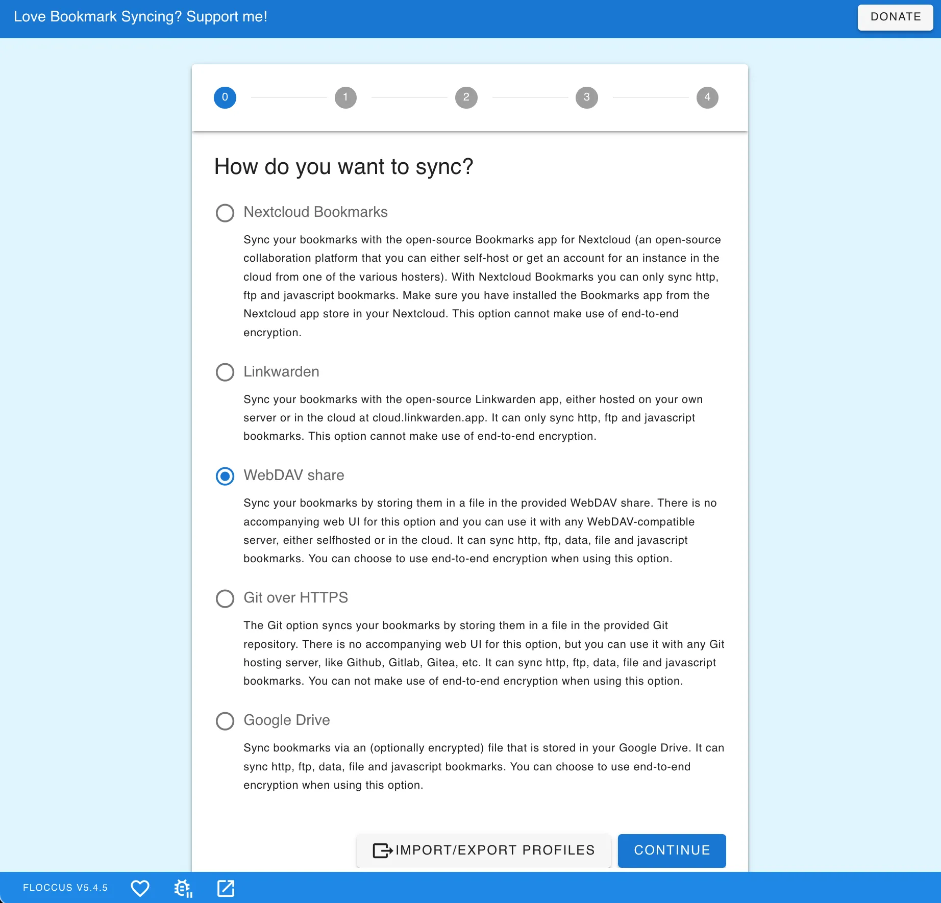 Chọn phương thức đồng bộ CardDav/WebDAV trong Floccus để kết nối với máy chủ WebDAV tự host của bạn, đảm bảo quyền riêng tư tối đa.