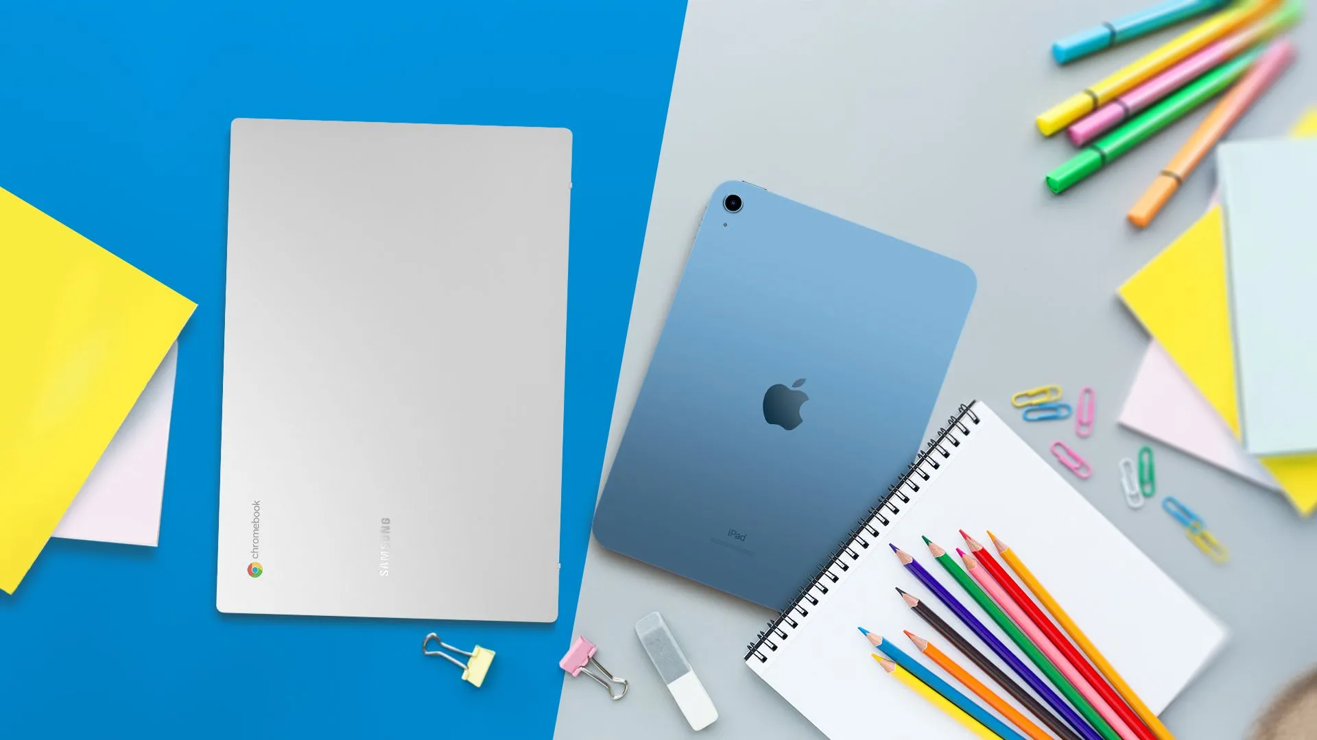 Chromebook cạnh iPad và đồ dùng học tập