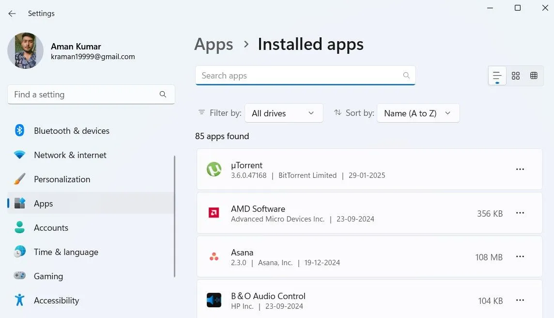 Cửa sổ &quot;Installed Apps&quot; trong ứng dụng Cài đặt của Windows 11