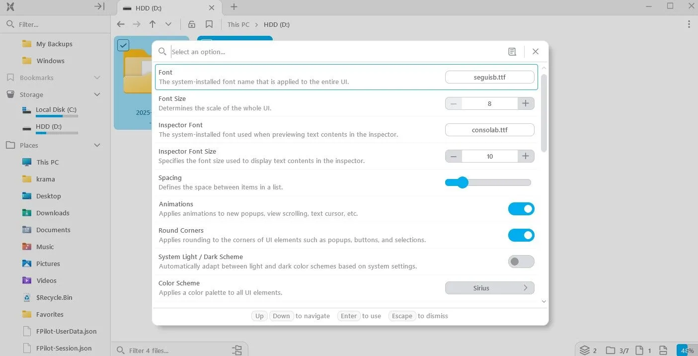 Cửa sổ tùy chỉnh cài đặt Options của ứng dụng File Pilot.