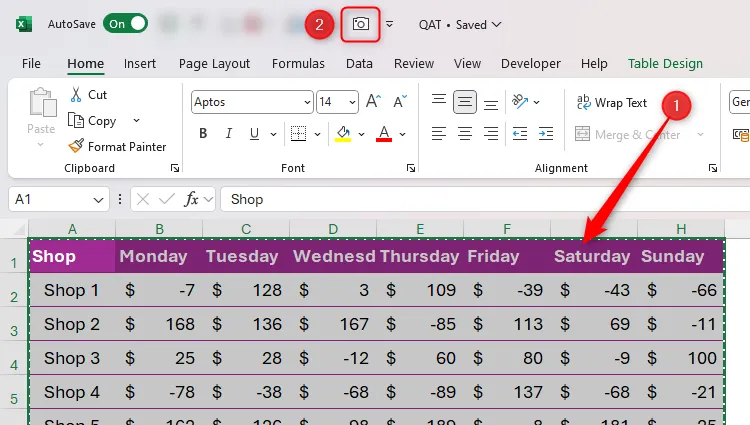 Dữ liệu trong Excel được chọn với công cụ Camera trên Quick Access Toolbar được đánh dấu