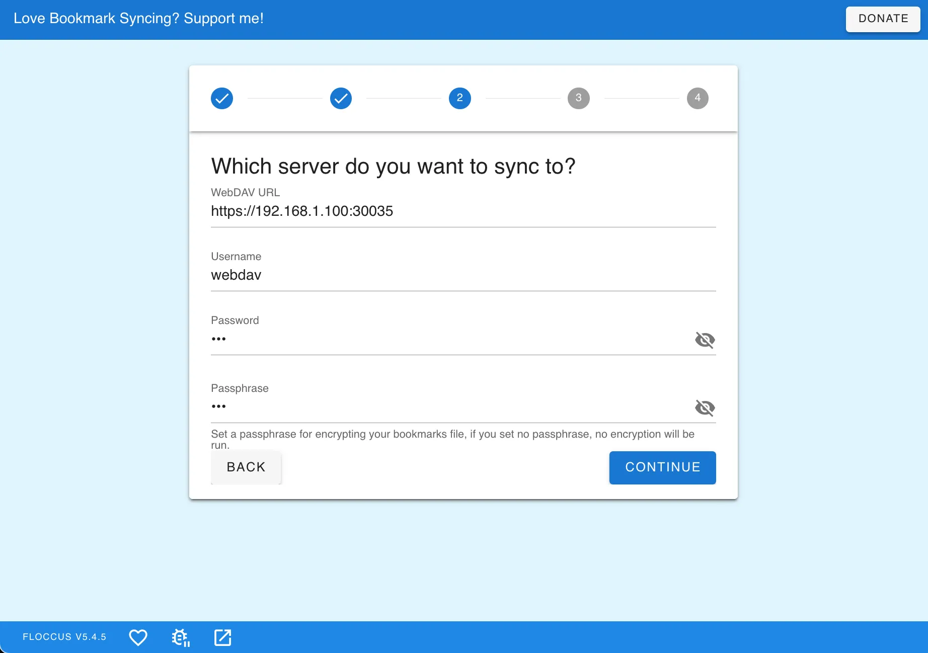 Giao diện cấu hình Floccus, điền địa chỉ máy chủ WebDAV, tên người dùng và mật khẩu để thiết lập đồng bộ bookmark an toàn.