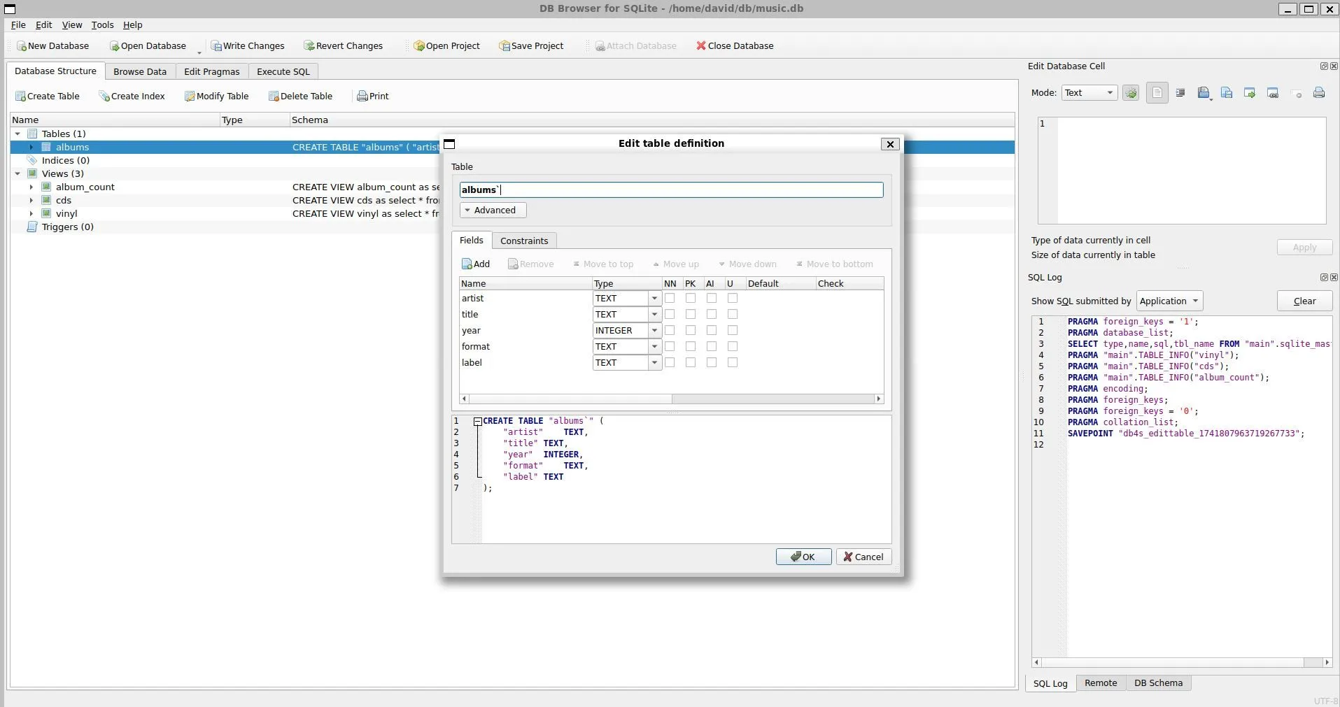 Giao diện DB Browser cho phép sửa đổi cấu trúc bảng trong SQLite, hiển thị cách thêm, xóa trường và thiết lập kiểu dữ liệu (ví dụ: INTEGER cho 'year') để tối ưu quản lý dữ liệu.