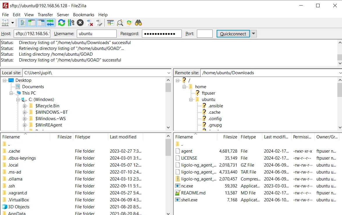 Giao diện FileZilla hiển thị kết nối SFTP đang hoạt động giữa Windows và máy chủ Linux để truyền file bảo mật