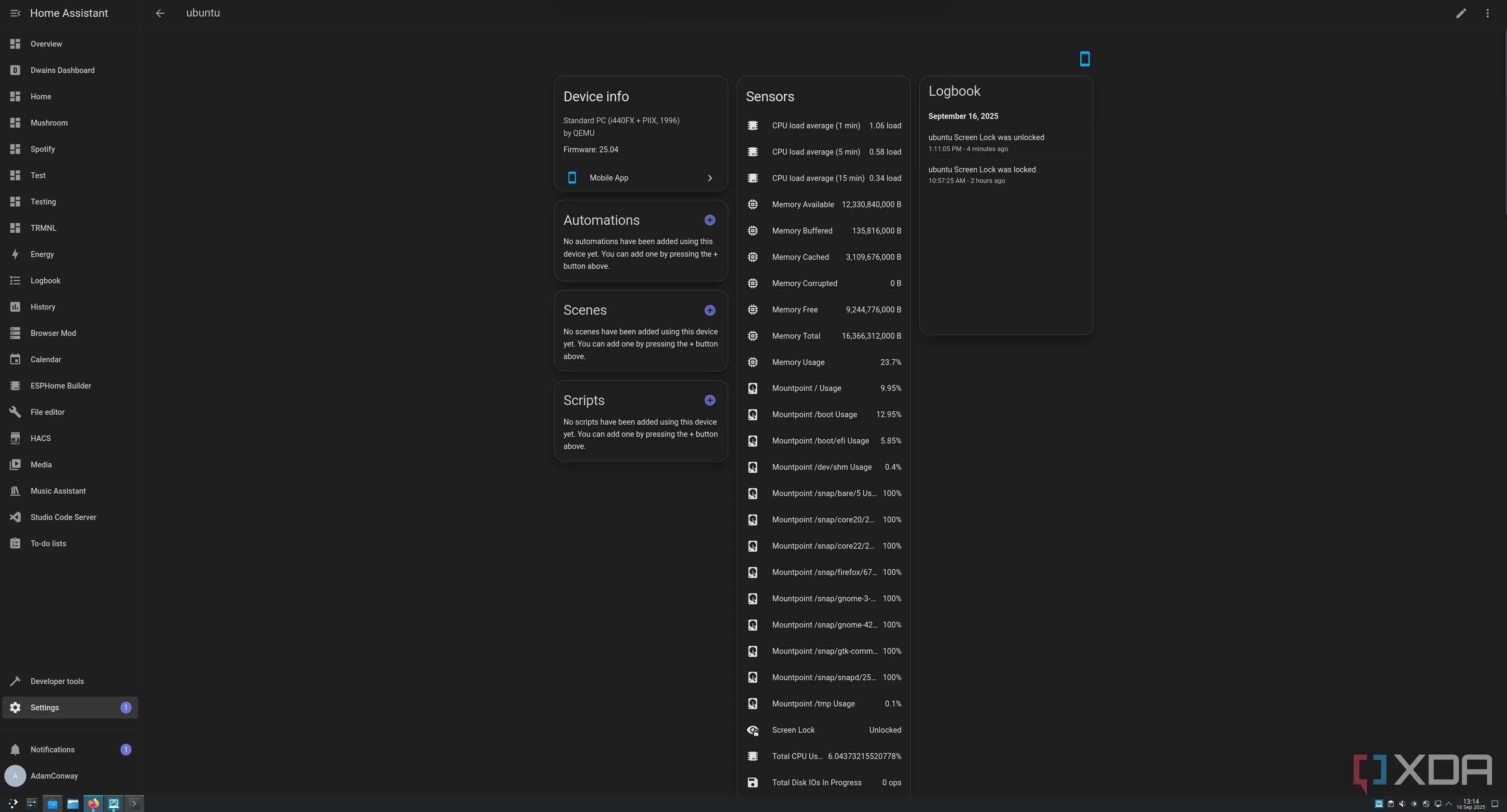 Giao diện Home Assistant trên nền tối hiển thị thông tin thiết bị, dữ liệu cảm biến và nhật ký, với các mục menu dọc bên trái