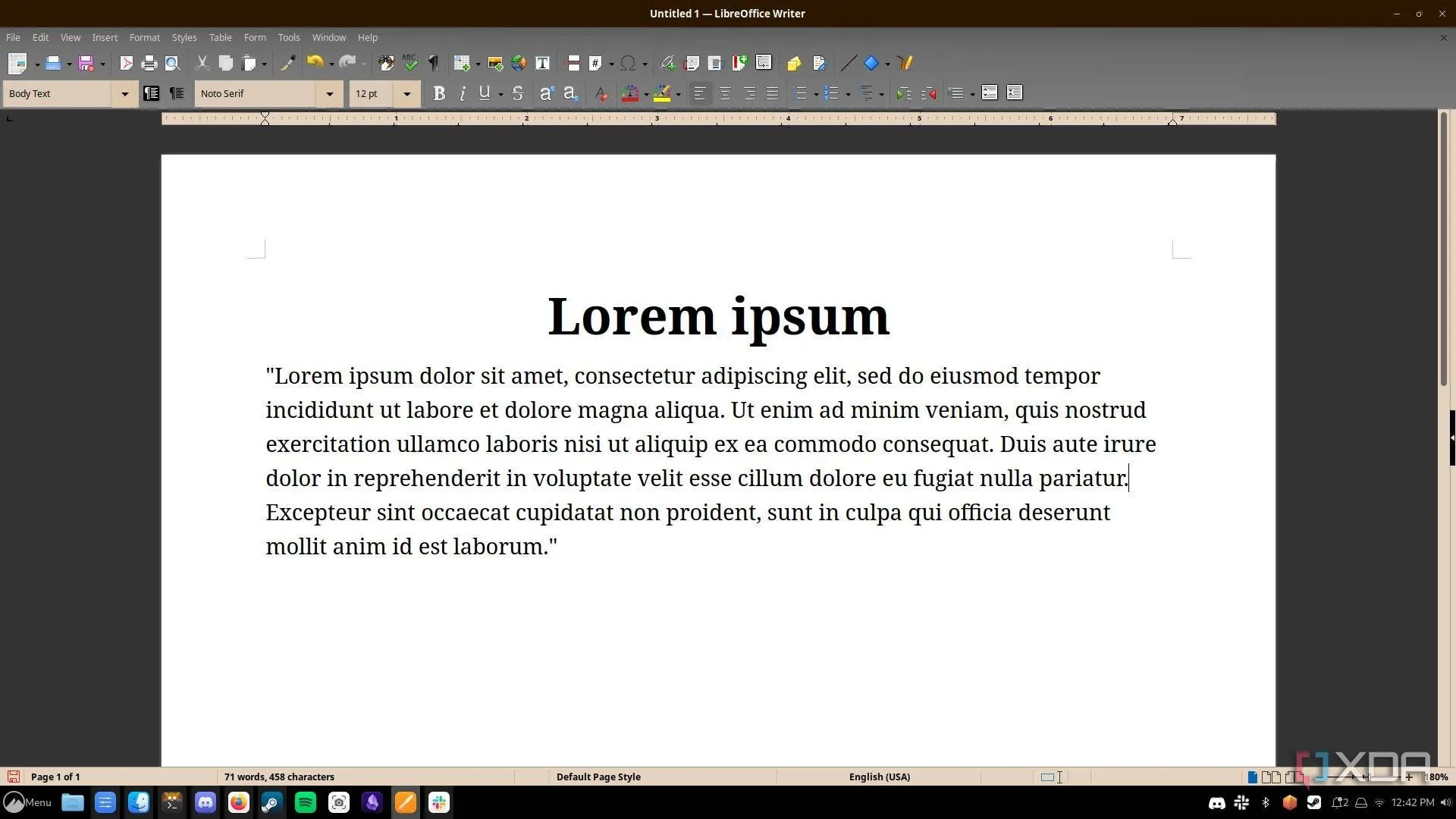 Giao diện LibreOffice Writer với một tài liệu ví dụ trên hệ điều hành Linux