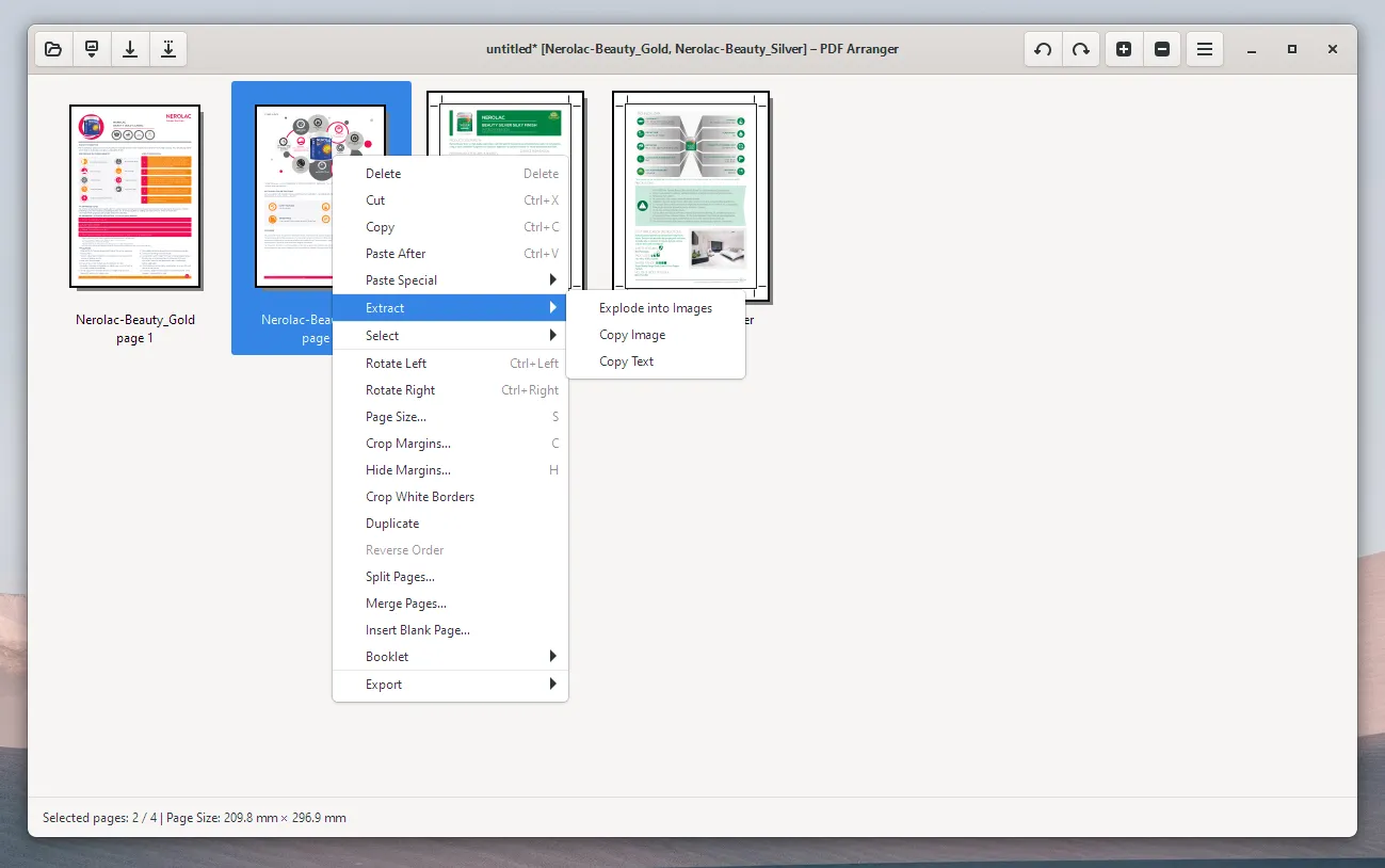 Giao diện PDF Arranger hiển thị hai tệp PDF đang mở, cho phép người dùng sắp xếp lại các trang.