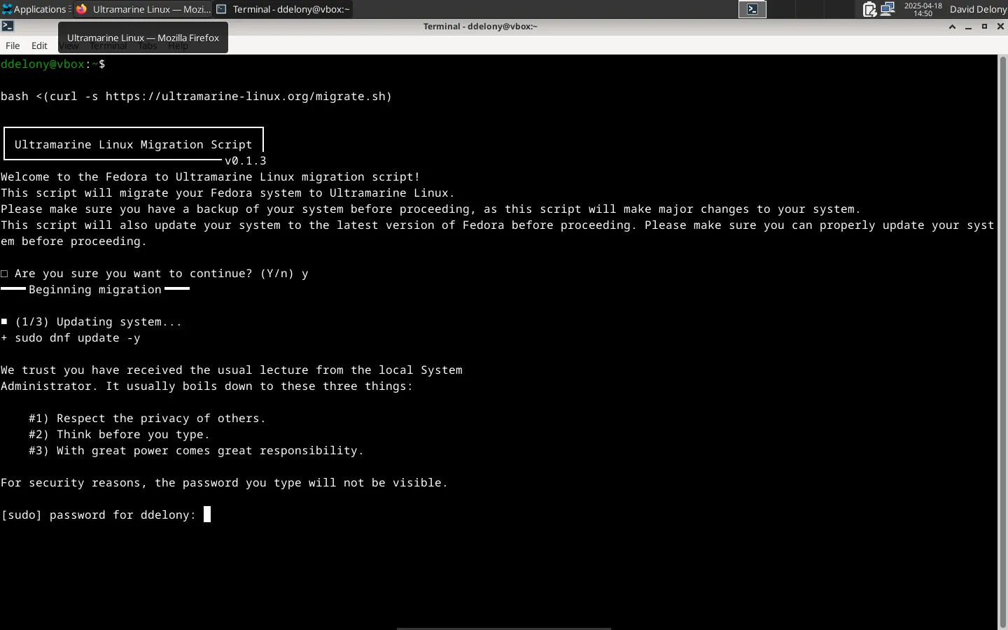 Giao diện terminal hiển thị script chuyển đổi cài đặt Fedora sang Ultramarine Linux