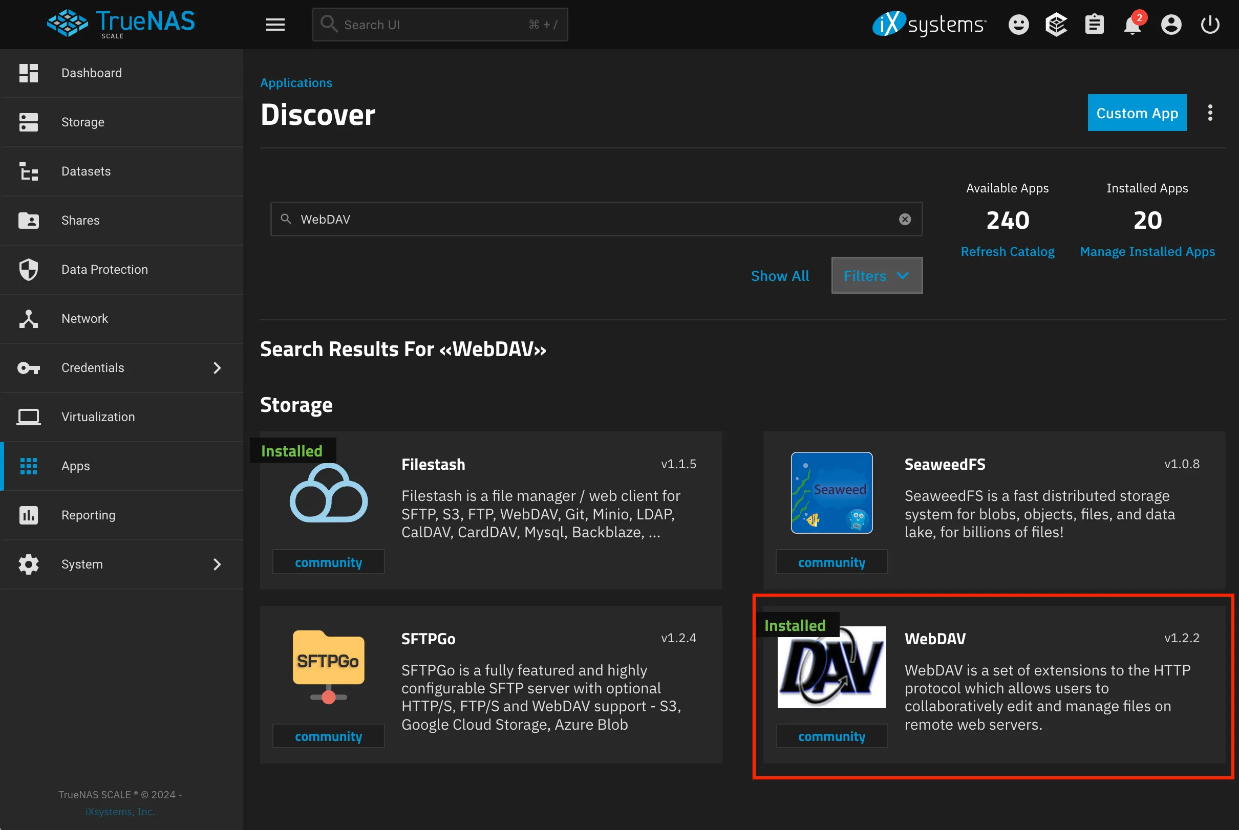 Giao diện tìm kiếm ứng dụng WebDAV trên TrueNAS Core để thiết lập máy chủ đồng bộ bookmark riêng tư.