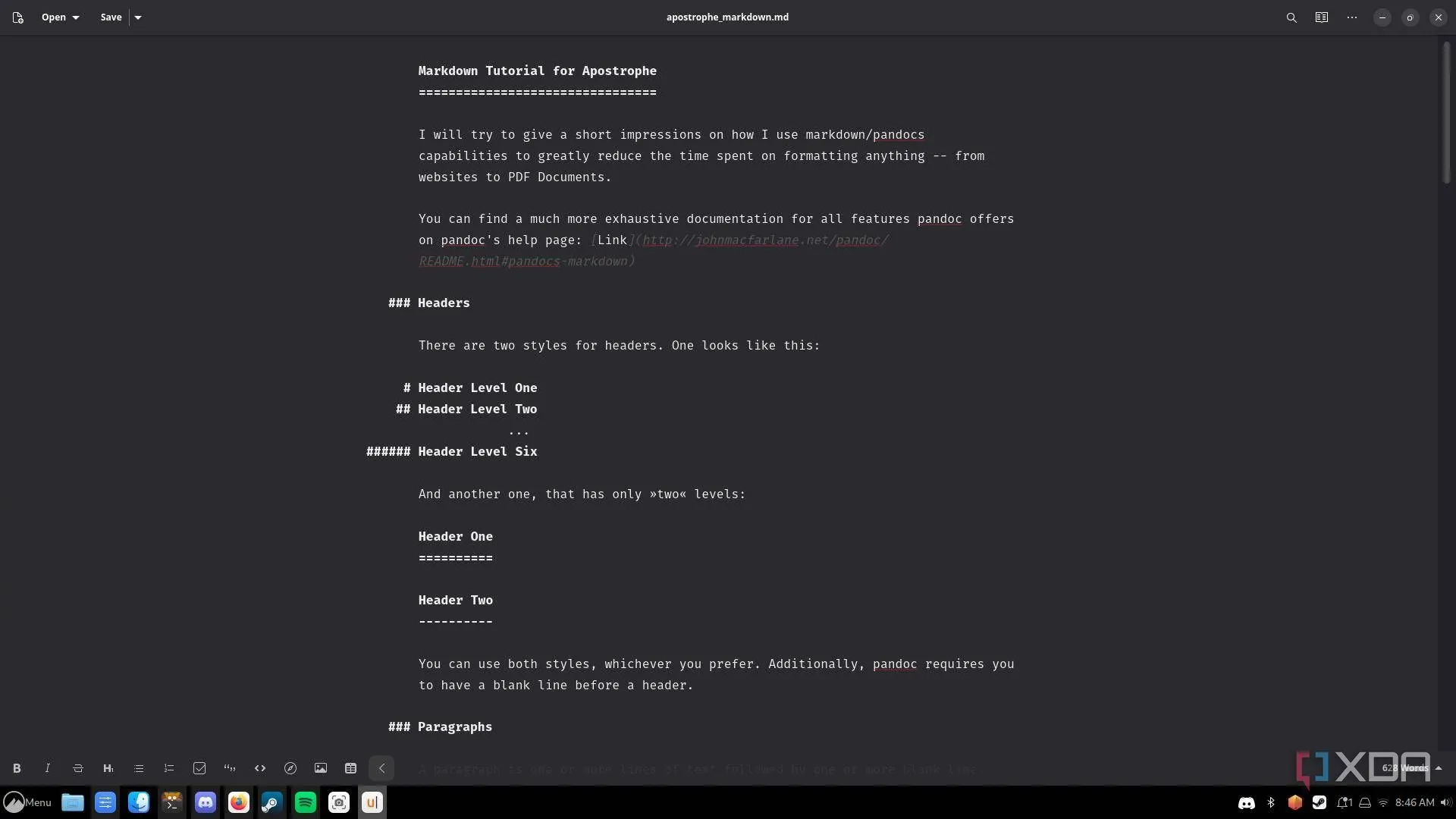 Giao diện tối giản của ứng dụng soạn thảo Markdown Apostrophe hiển thị tài liệu trên Linux