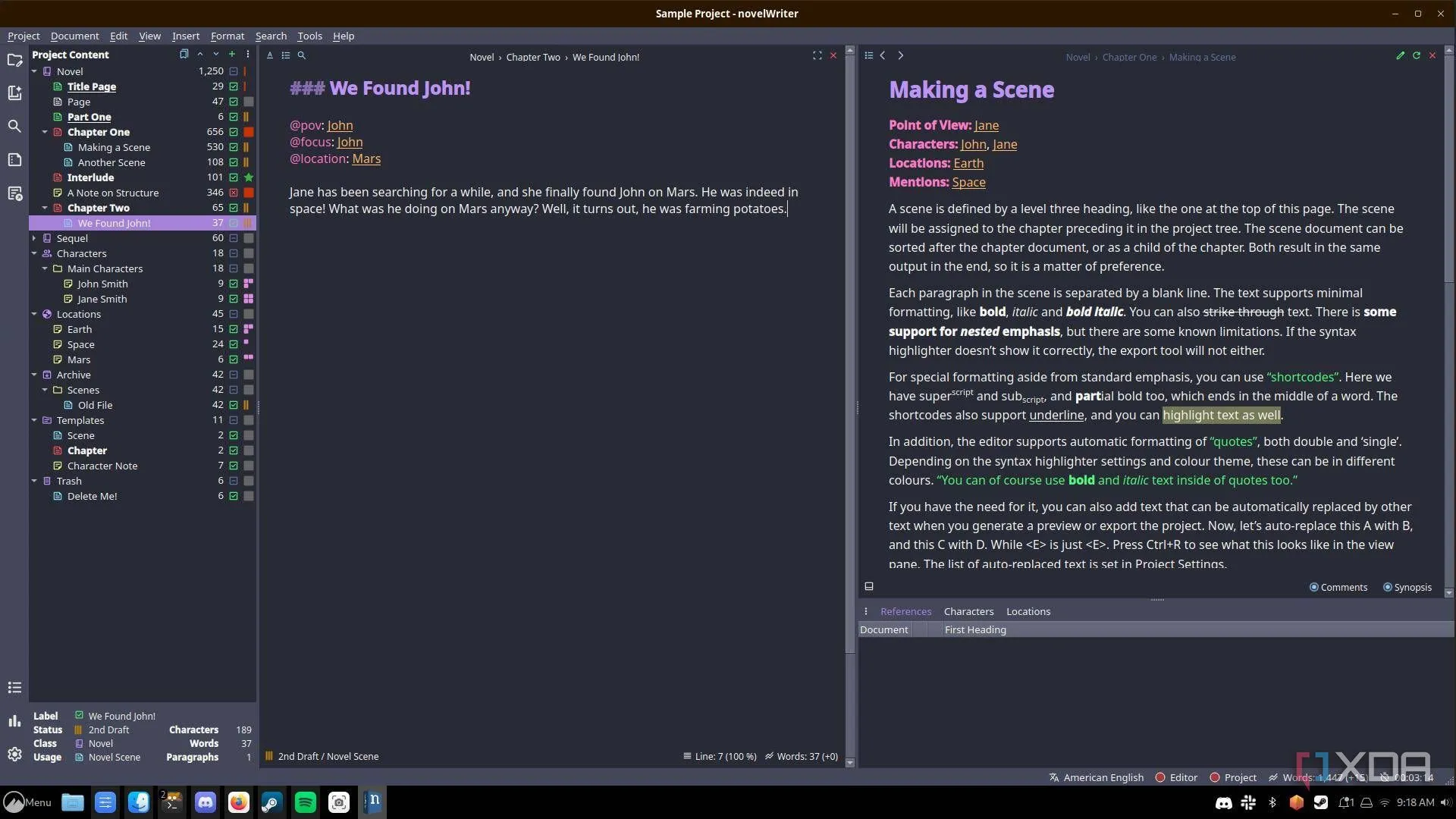 Giao diện ứng dụng NovelWriter với dự án viết lách đang mở và các tính năng tổ chức trên Linux