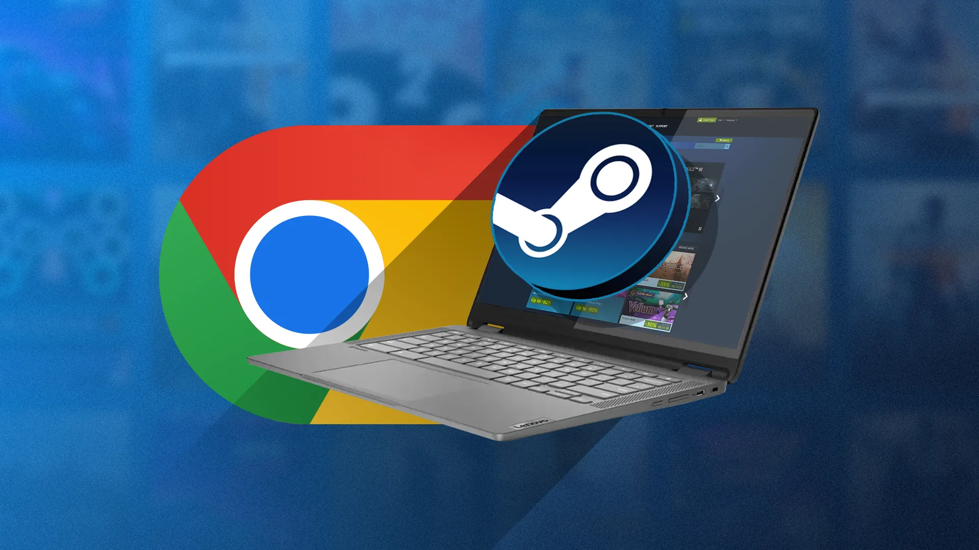 Giao diện ứng dụng Steam đang mở trên Chromebook, với biểu tượng Steam và Chrome OS, cho thấy khả năng chơi game ngoại tuyến trực tiếp trên thiết bị.