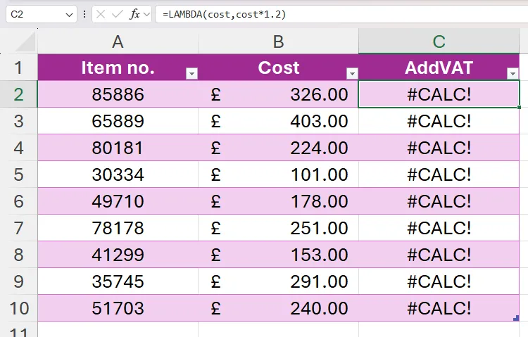 Hàm LAMBDA tính VAT trả về lỗi #CALC! do chưa gán giá trị biến