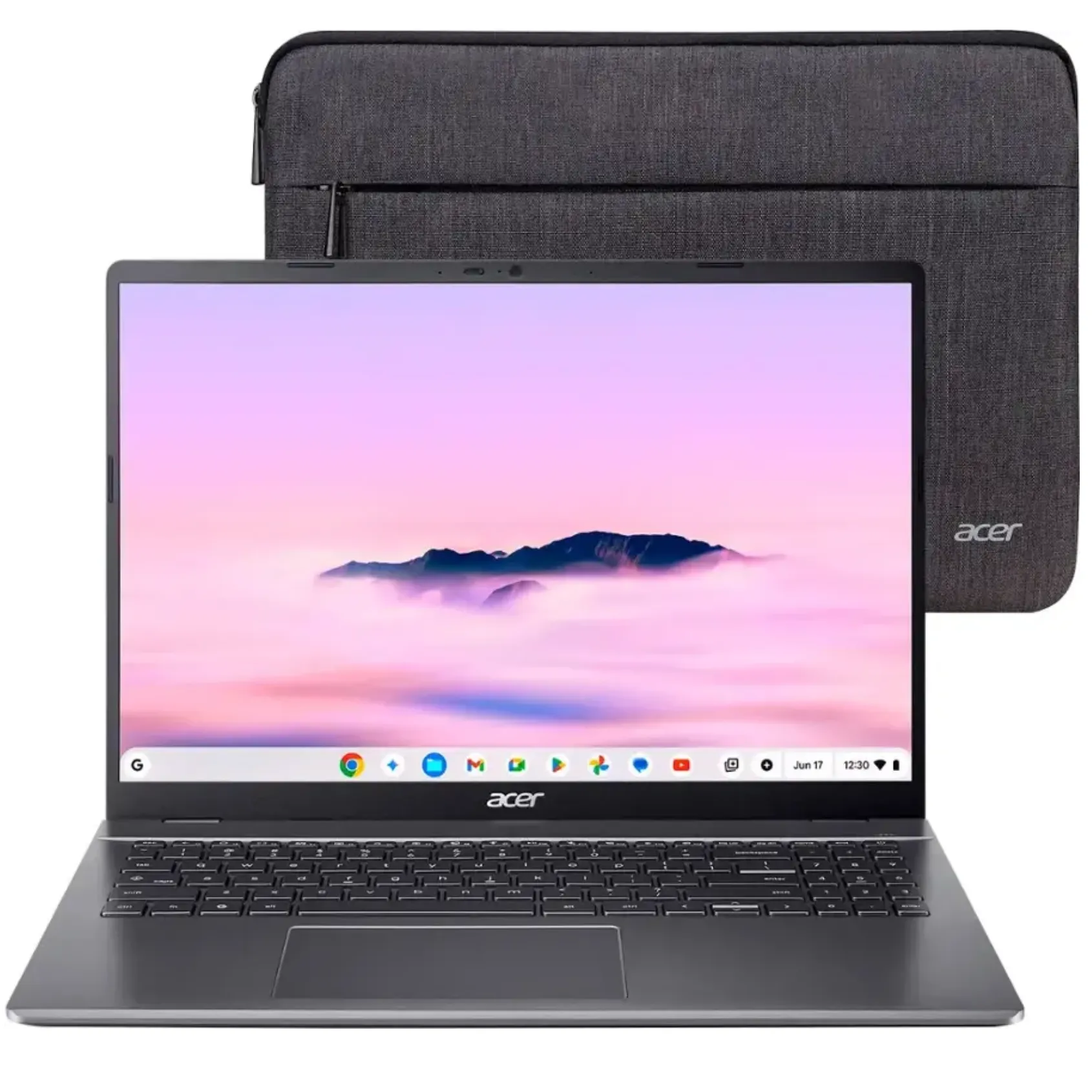 Hình ảnh cận cảnh chiếc Acer Chromebook Plus 516 (CB516-1H) màu xám thép, làm nổi bật thiết kế và màn hình 16 inch.