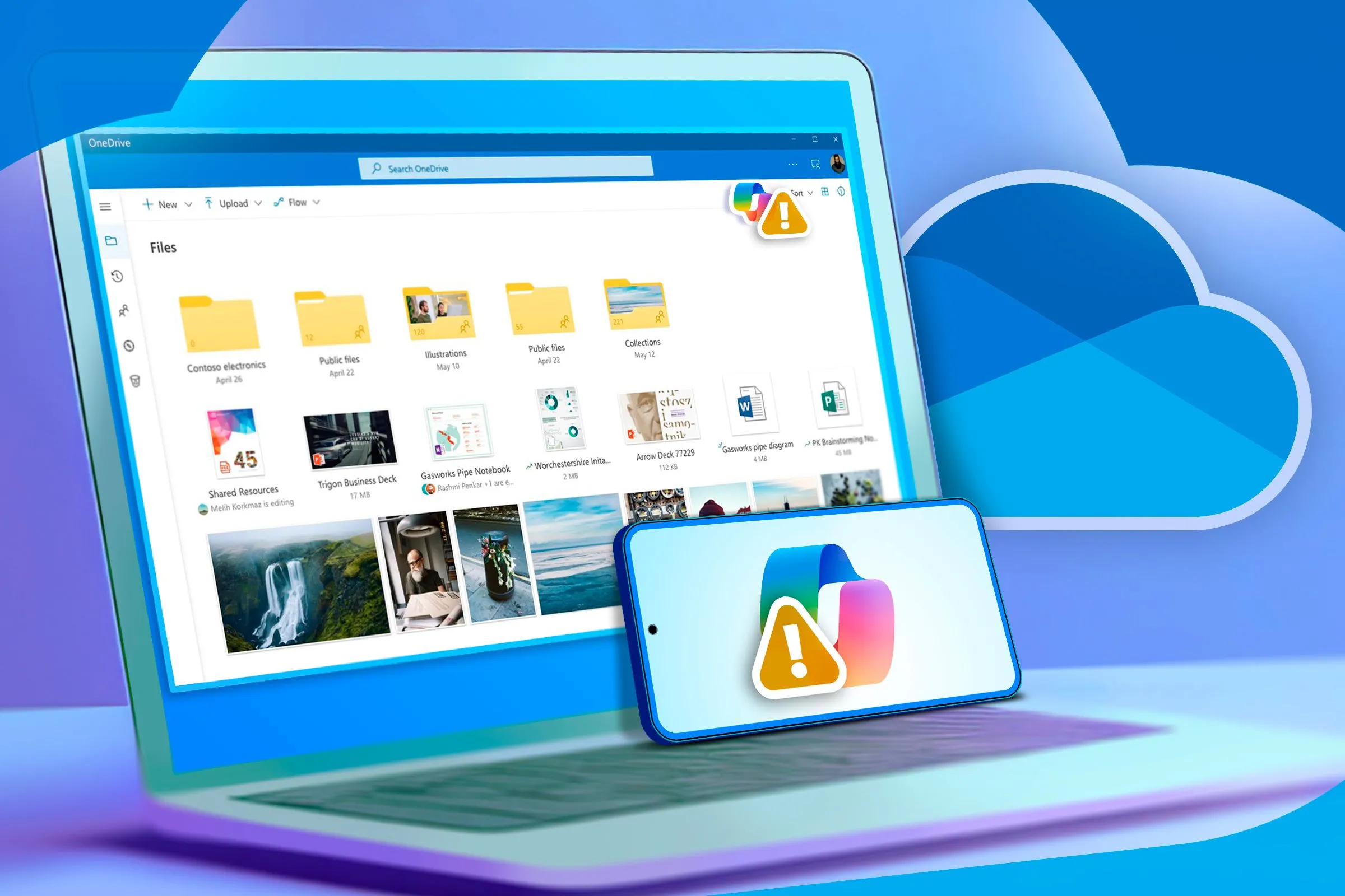 Hình ảnh laptop hiển thị OneDrive và điện thoại với biểu tượng Copilot cùng dấu hiệu cảnh báo, gợi nhắc các lưu ý quan trọng khi sử dụng AI.