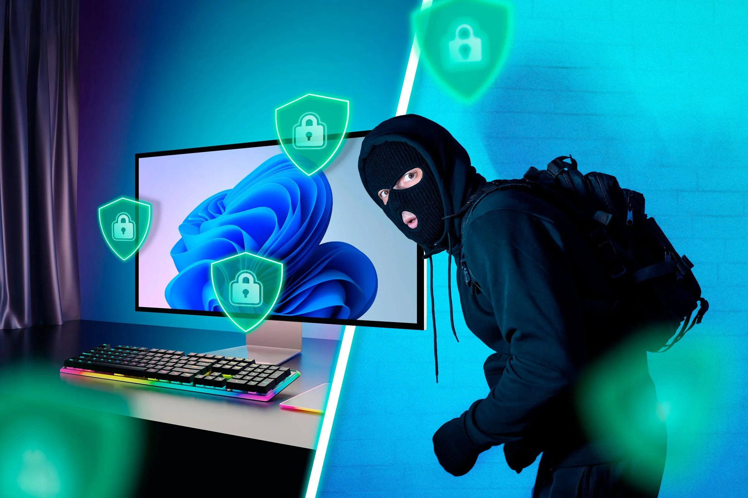 Hình ảnh máy tính Windows được bảo vệ bởi nhiều lớp khiên, biểu tượng cho an ninh mạng, đối diện với một kẻ trộm, minh họa nguy cơ lừa đảo chuyển tiền online và tầm quan trọng của phòng chống APP scam.