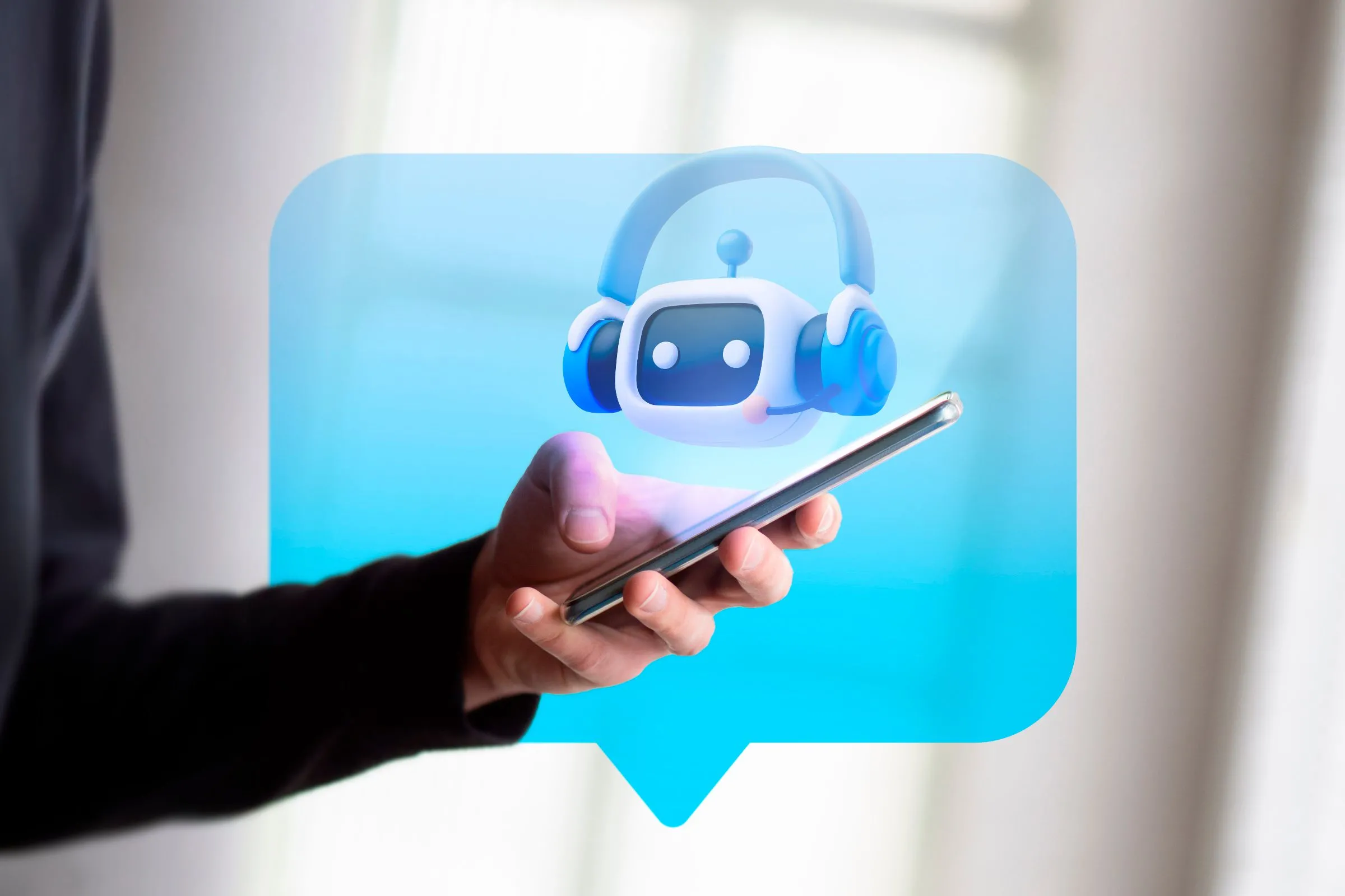 Hình ảnh một người đang cầm điện thoại với chatbot AI hiện lên trên màn hình, minh họa cách bot hoạt động