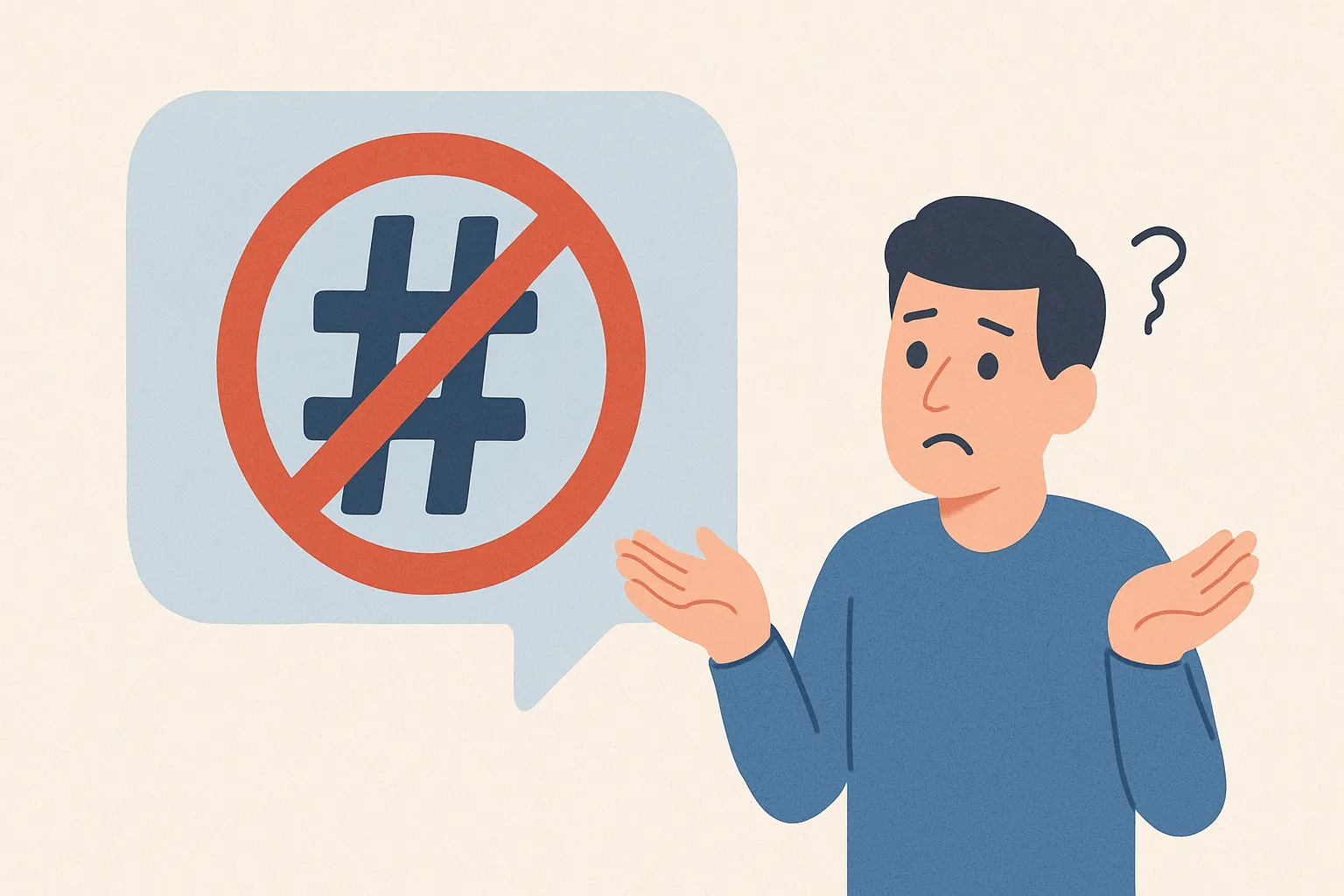 Hình minh họa người đàn ông nhìn biển báo hashtag bị gạch chéo, tượng trưng cho hashtag không hiệu quả khi bị shadowban