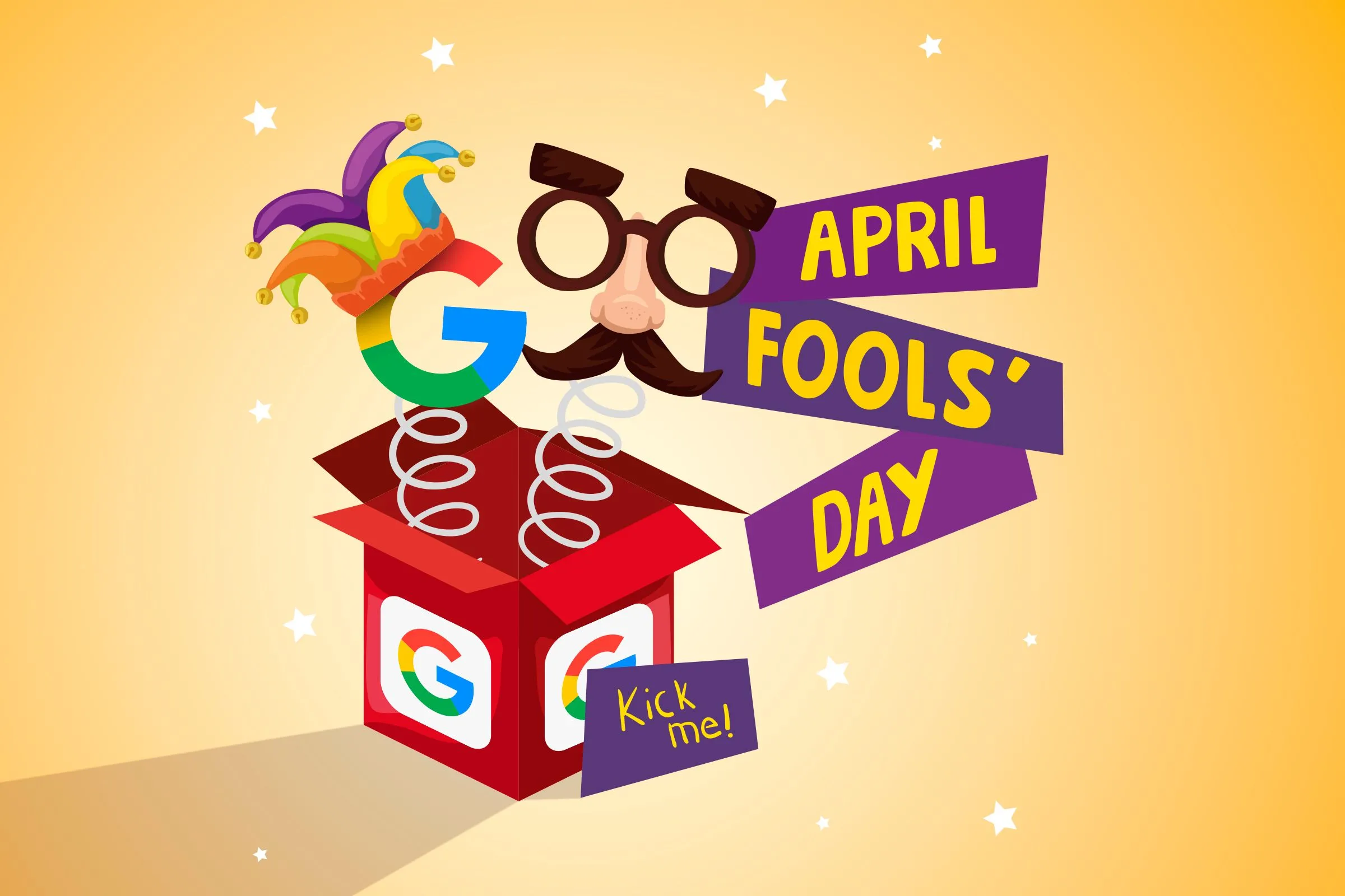 Hộp quà màu đỏ với biểu tượng Google và dòng chữ &quot;April Fools Day&quot;, tượng trưng cho những trò đùa Cá tháng Tư sáng tạo của Google.