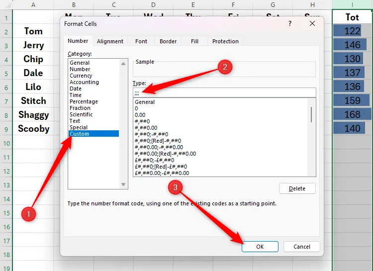 Hộp thoại Định dạng ô trong Microsoft Excel, với định dạng số Tùy chỉnh được chọn, ba dấu chấm phẩy được nhập vào ô Kiểu và nút OK được chọn.