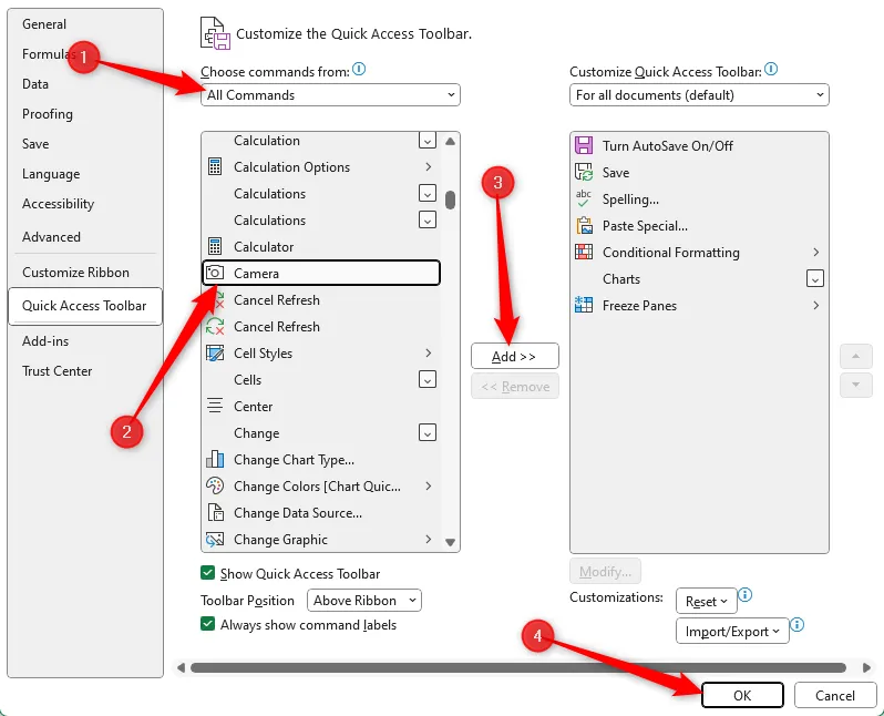 Hộp thoại Excel Options hiển thị các bước thêm công cụ Camera vào Quick Access Toolbar