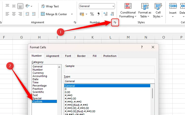 Hộp thoại Format Cells trong Excel, mục Custom được chọn và biểu tượng Number Format dialog box launcher được làm nổi bật