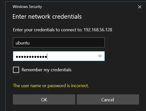 Hộp thoại nhập thông tin xác thực trên Windows để truy cập thư mục chia sẻ Samba từ Linux