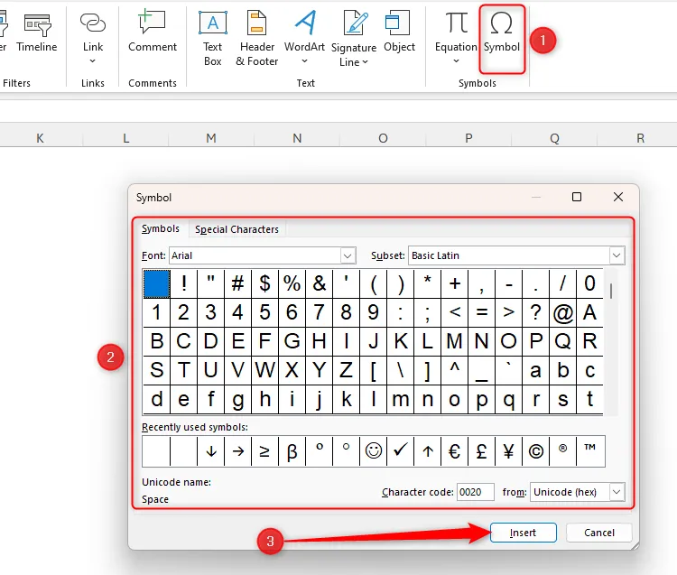 Hộp thoại Symbol trong Microsoft Excel, cho phép chèn các ký hiệu đặc biệt