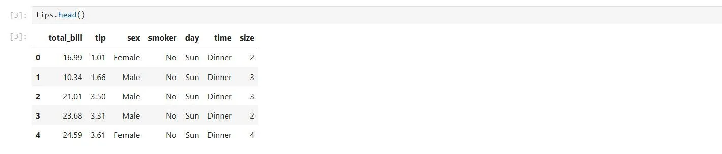 Kết quả hiển thị 5 dòng đầu tiên của dataset &quot;tips&quot; trong môi trường Jupyter Notebook, cho thấy cấu trúc dữ liệu bảng.